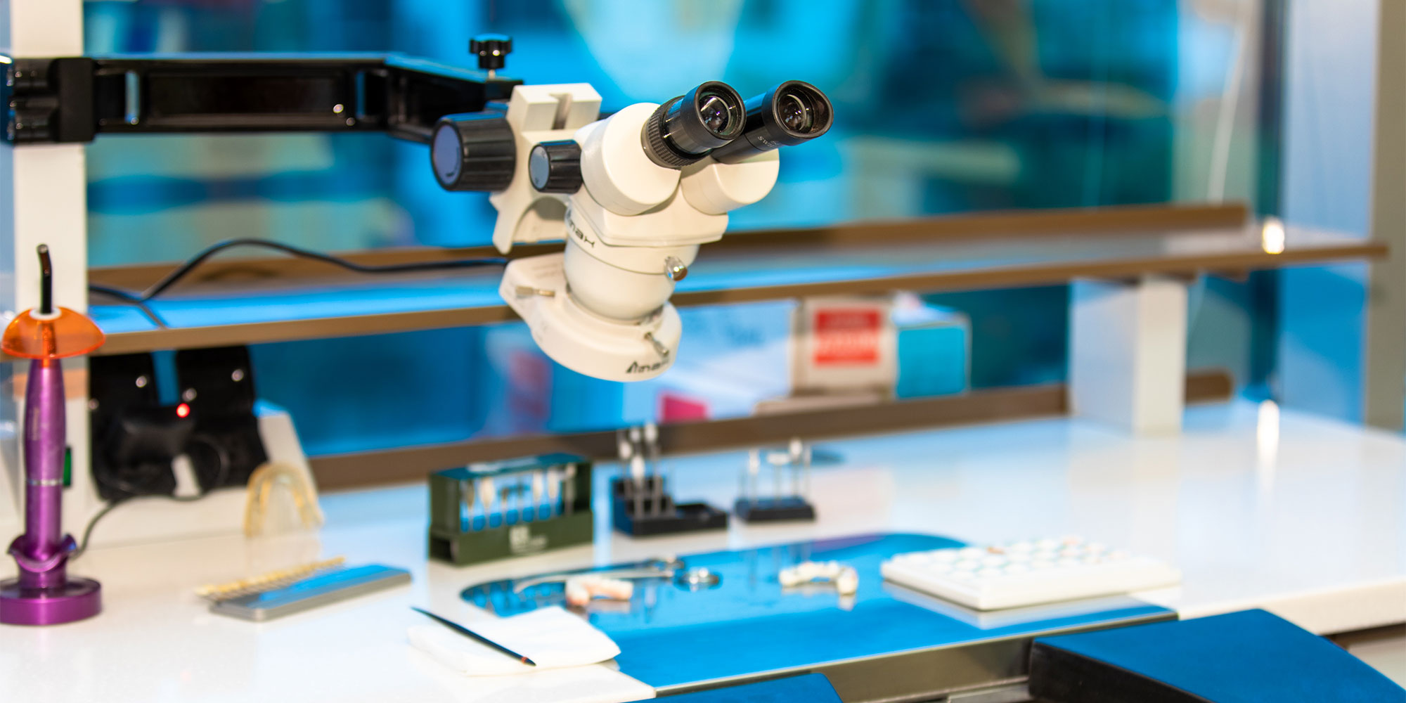 The bench and stereo microscope in the practice's in-house laboratory