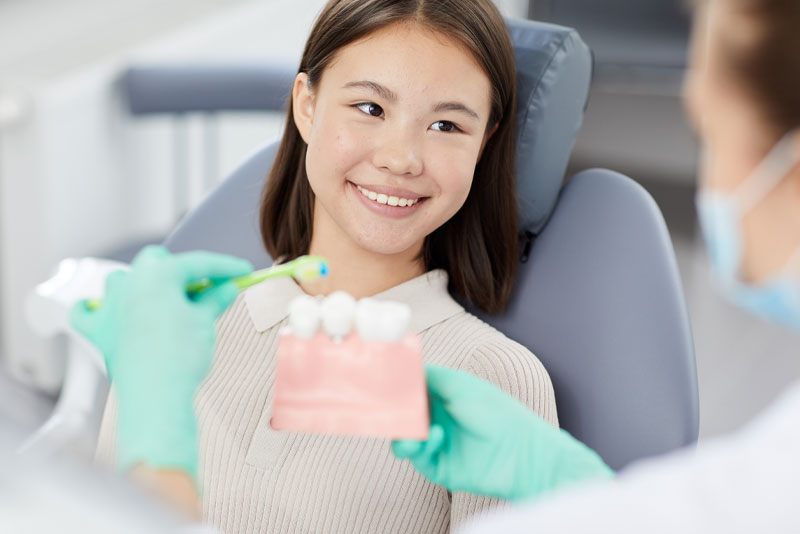 A clinician showing a patient a dental model during a consultation